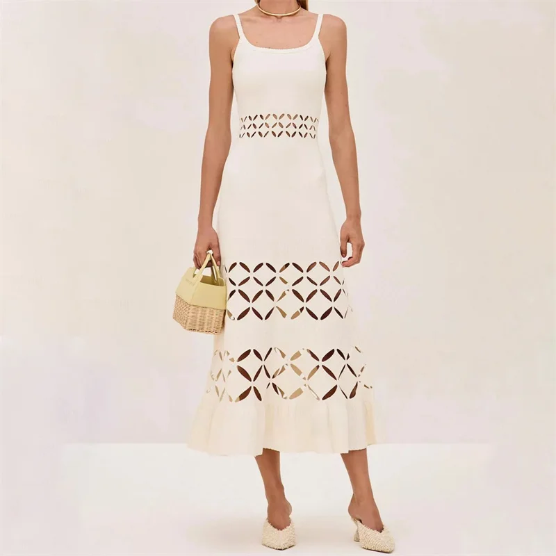 

Women's dress New elastic knitted slim sleeveless long dresses for summer 2025 Laser cutting hollow midi dresses party dresses