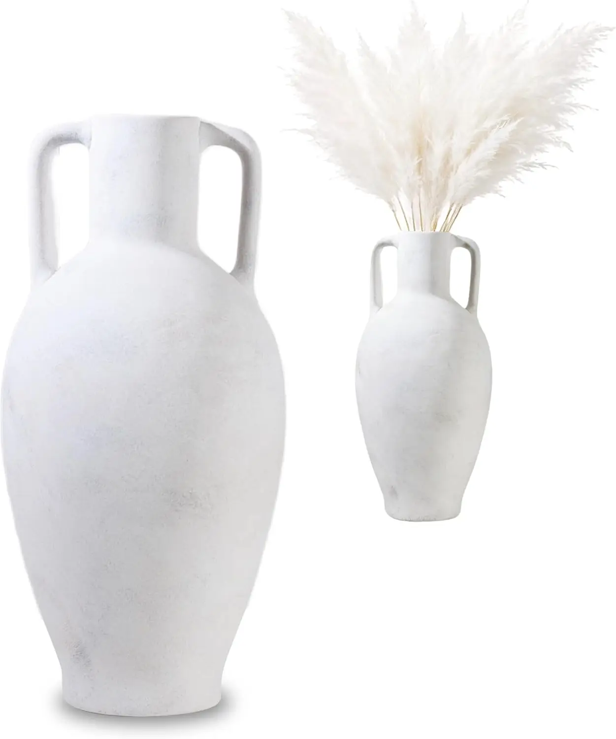 20.5in Ceramic Floor Vase with Handles | Hand-Painted Glaze Craft, Pure White Finish, Light Black Speckled Accents, Rustic Farmh