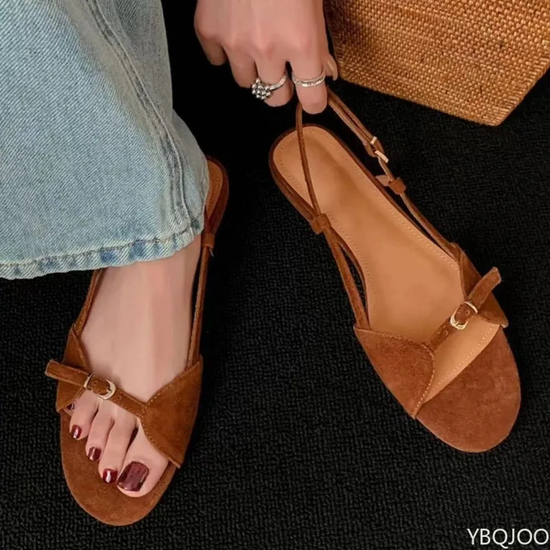 

Весенне-летние модные простые женские босоножки на низком каблуке с прямой пряжкой и открытым носком, удобная женская обувь на плоской подошве