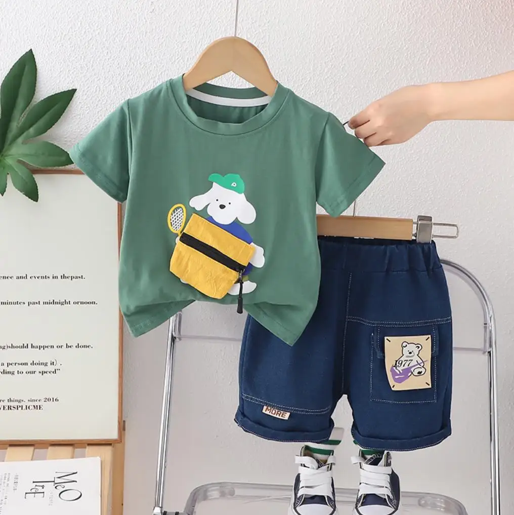 Boys Summer Sets Korean Style Clothes for Kids Handsome Cartoon Printed O-neck Short Sleeve T-shirts and Shorts Boutique Clothes