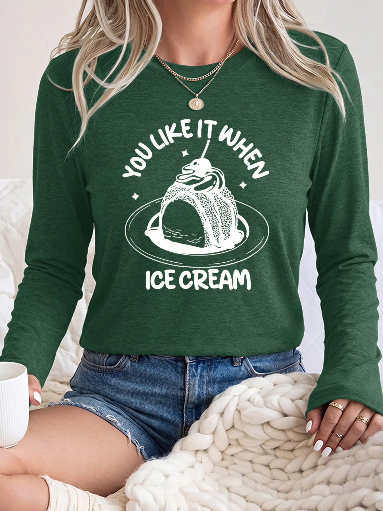Women's Casual Long Sleeve T-Shirt with Ice Cream Graphic & Fun Saying, Soft Round Neck, Versatile for Daily Wear, Commute, Vacation & Outdoor, Purple, Perfect Gift, Local Shipping