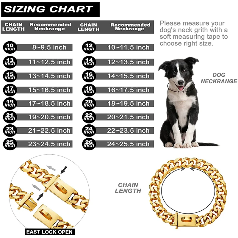 304 Stainless Steel Dog Chain Collar and Leash, Super Strong, Metal Necklace, Choke, Silver, Gold, Adjustable Pet Lead Rope