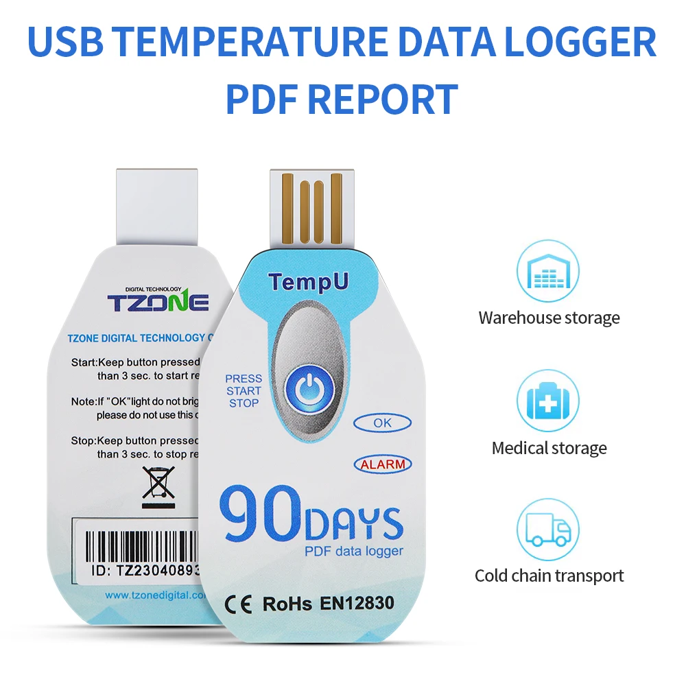 USB Temperature Data Logger Disposable PDF Report USB Port 10000 Points Temperature Recorder 90 Days Cold Chain Use