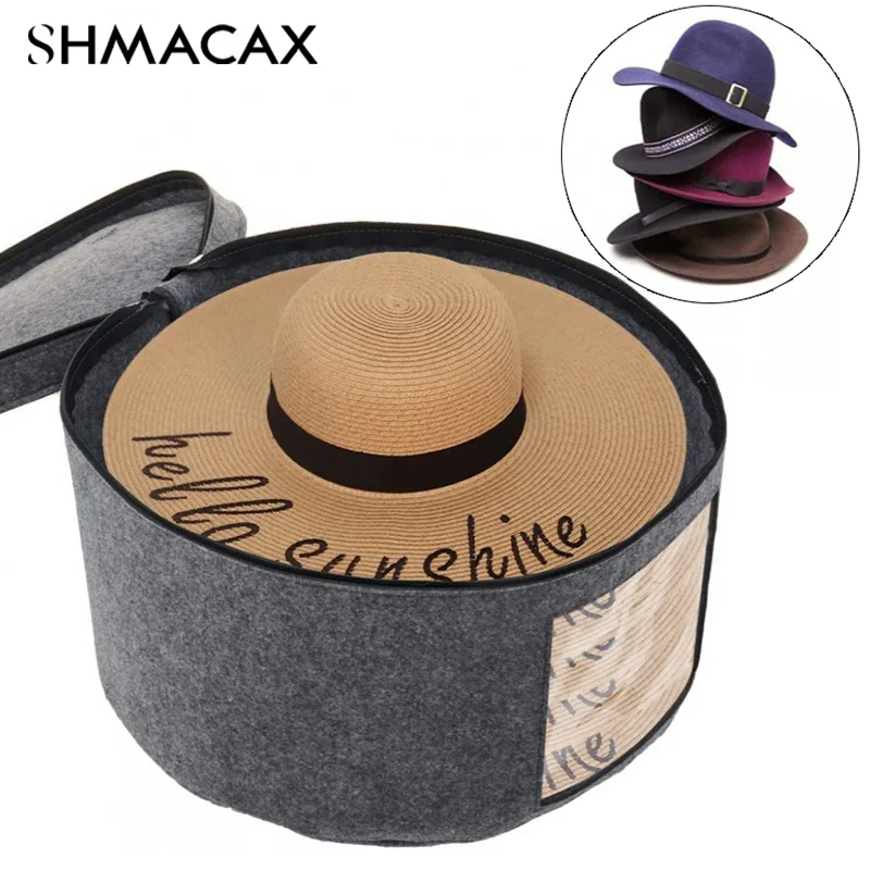 Hat Storage Box Dustproof Case Household Round Felt Storage Hats Bucket Clothes Organizers With Zippered Lid Travel Bags