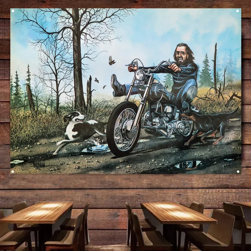 Vicious Dog Motorcycle Rider Painting for Garage Vintage Banner Wall Flag Gas Station Man Cave Auto Poster Home Decor Stickers