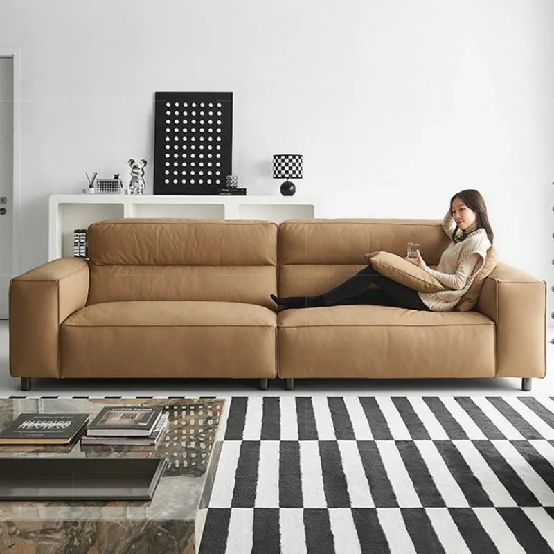 

Leather sofa small apartment Nordic modern living room Italian minimalist large sitting deep down high back straight row