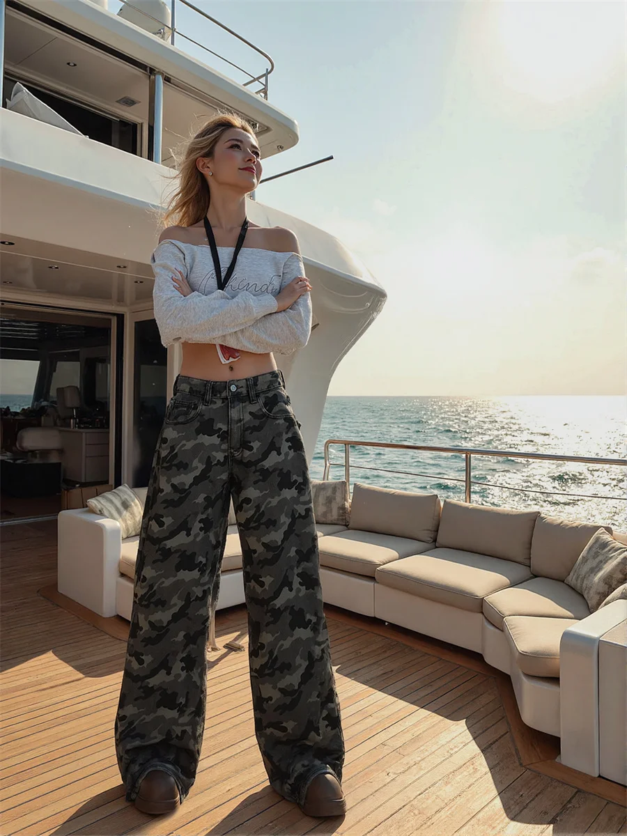 

Camouflage Wide Leg Floor Jeans Women High Waist Vintage Trousers Patchwork Embroidered Pleated Loose Fit Streetwear Chic Flared