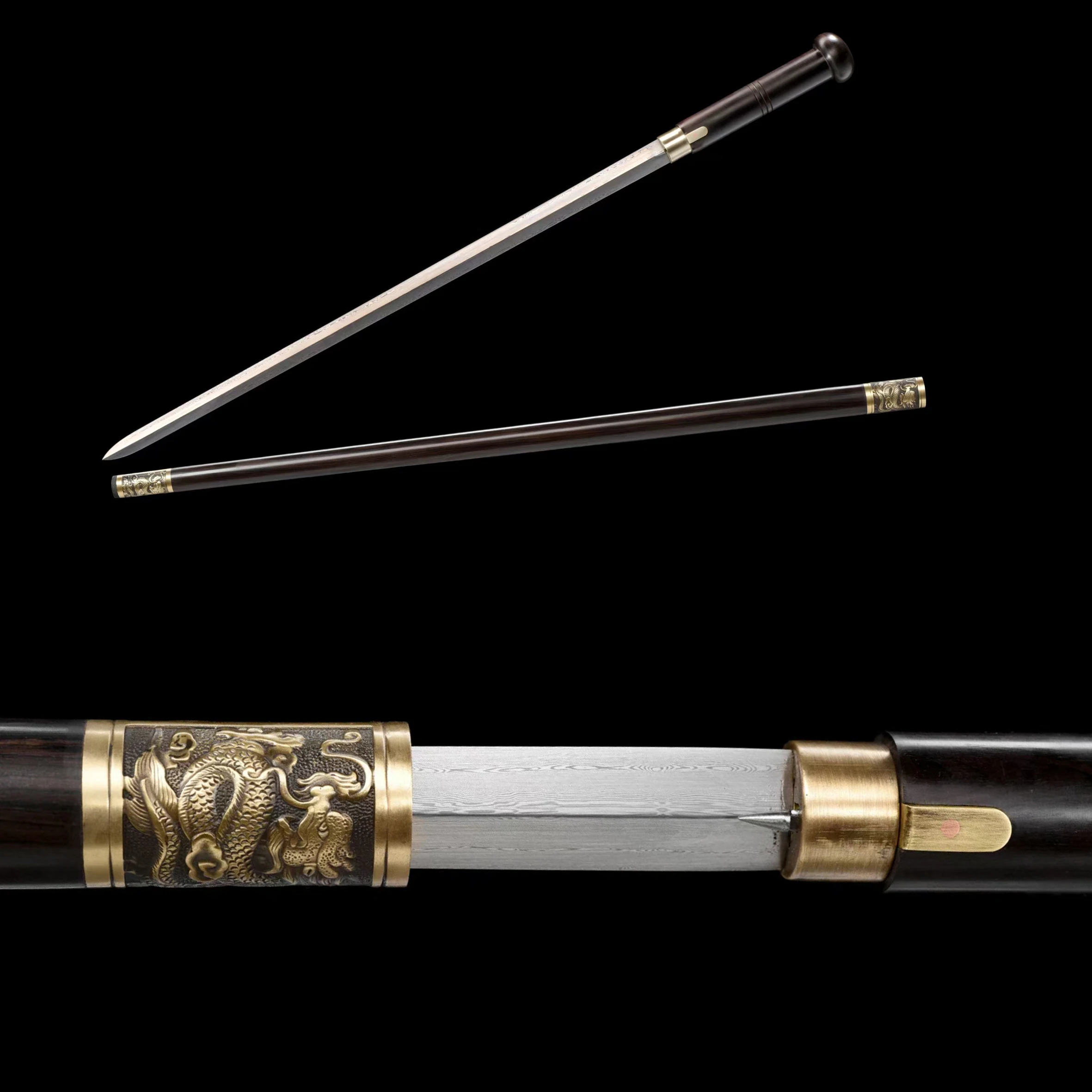 

92cm Medieval Golden dragon design, beautiful Damascus steel staff, sharp sword weapon, staff sword, battle preparation, samurai