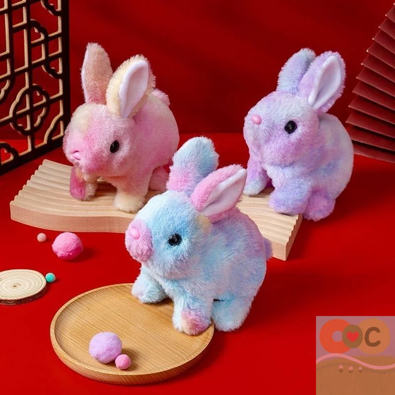 Unidade única, brinquedo de pelúcia de coelho elétrico com orelhas de sinuca, coelho arco-íris, presente de aniversário, faz ruído