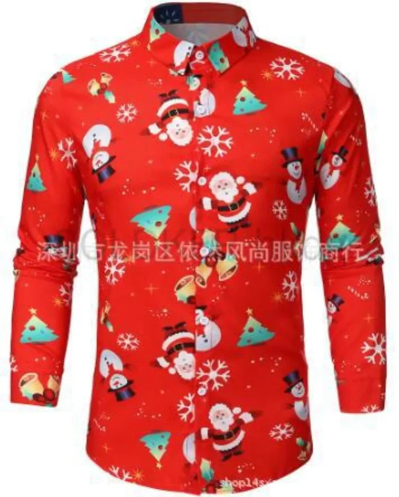 Men Long Sleeve Shirt Christmas Shirt Banquet Holiday Printed Tops Fashion Cartoon Plus Size Men's Shirts Red White Black Green