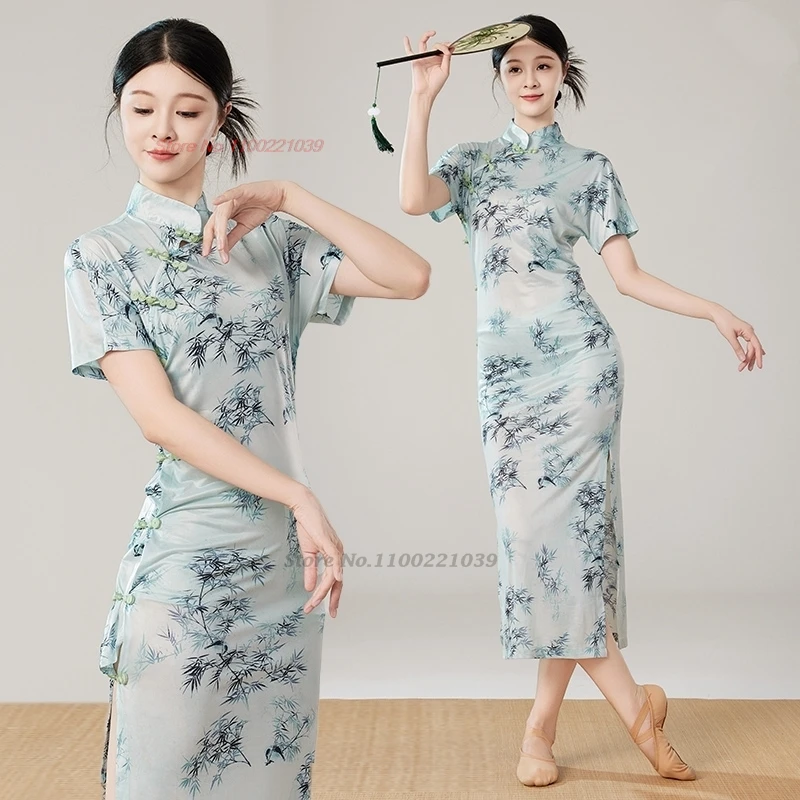 2025 abito popolare di danza vintage cinese tradizionale stampa di bambù elastico qipao cheongsam allenamento esercizio prestazioni abito popolare