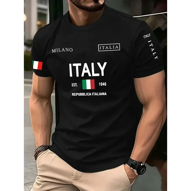 Men Retro Milano Italia National Flag Letter Print Crew Neck T-Shirt Short Sleeve Patriotic Casual Streetwear Summer Daily Tops