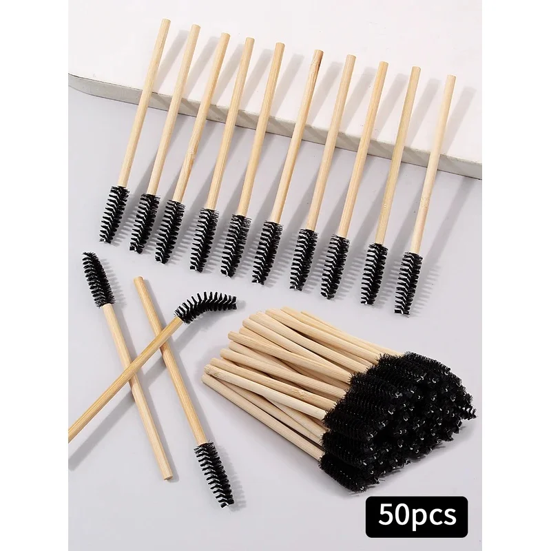 50Pcs Bamboo Handle Eyelash Brush Makeup Brush Eyelash Extension Mascara Wands Applicators Eye Lash Curling Comb Makeup Tools ﻿