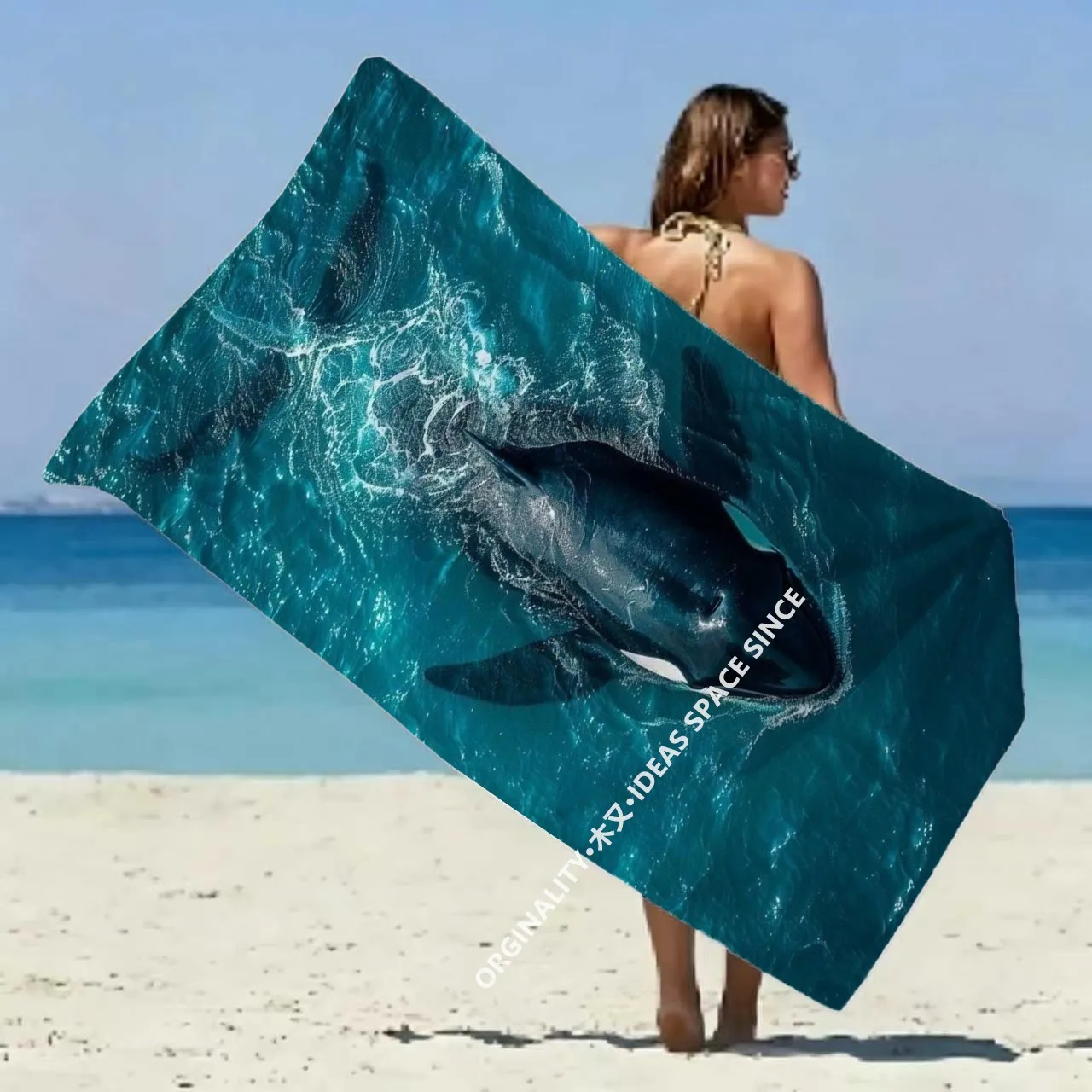 Orca in Teal Ocean Beach Towel Patterned Sunscreen And Windproof Suitable For Swimming Pool Camping Travel