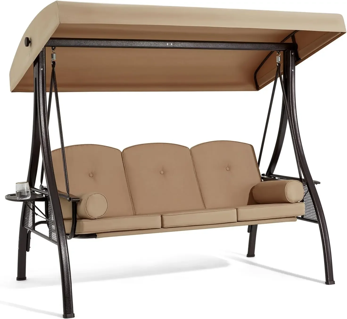 

3 Person Outdoor Porch Swing with 1.5" Deep Cup Holder, Adjustable Canopy, Backrest, Patio Swing Bed with Weather Resistant
