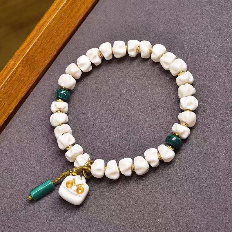 

Tibetan-Style Recycled Bone Large Intestine Bead Bracelet Single-Strand Glazed Enamel Inlaid Malachite Buddhist Bead Bracelet
