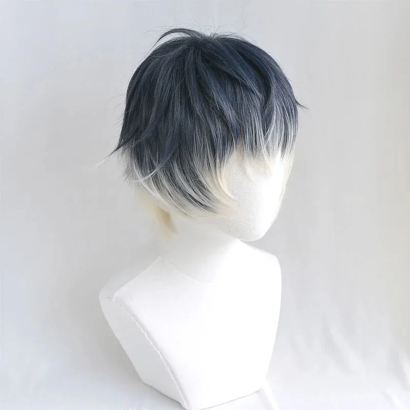 IDOLiSH7 RE:Vale Momo Cyber Techno أبيض أزرق داكن مختلط ذيل حصان لعب الأدوار الشعر الاصطناعية حفلة الهالوين تأثيري + غطاء شعر مستعار