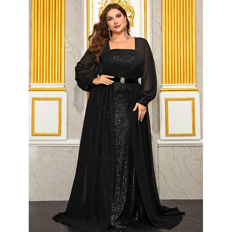 Plus Size Bust-Wrapped Long Luxury Evening Dress Big Size Chiffon Cape Sequined Long Elegant Woman\'s Evening Dress 5xl 6xl