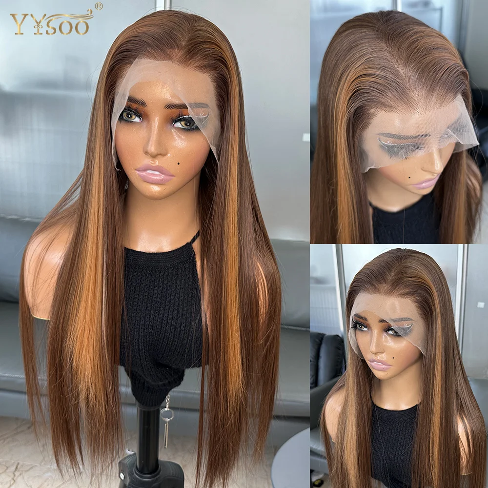 YYsoo Long Highlights Futura Heat Resistant Silky Straight Wig 13x6 Brown Baylayage Glueless Synthetic Lace Front Wigs For Women