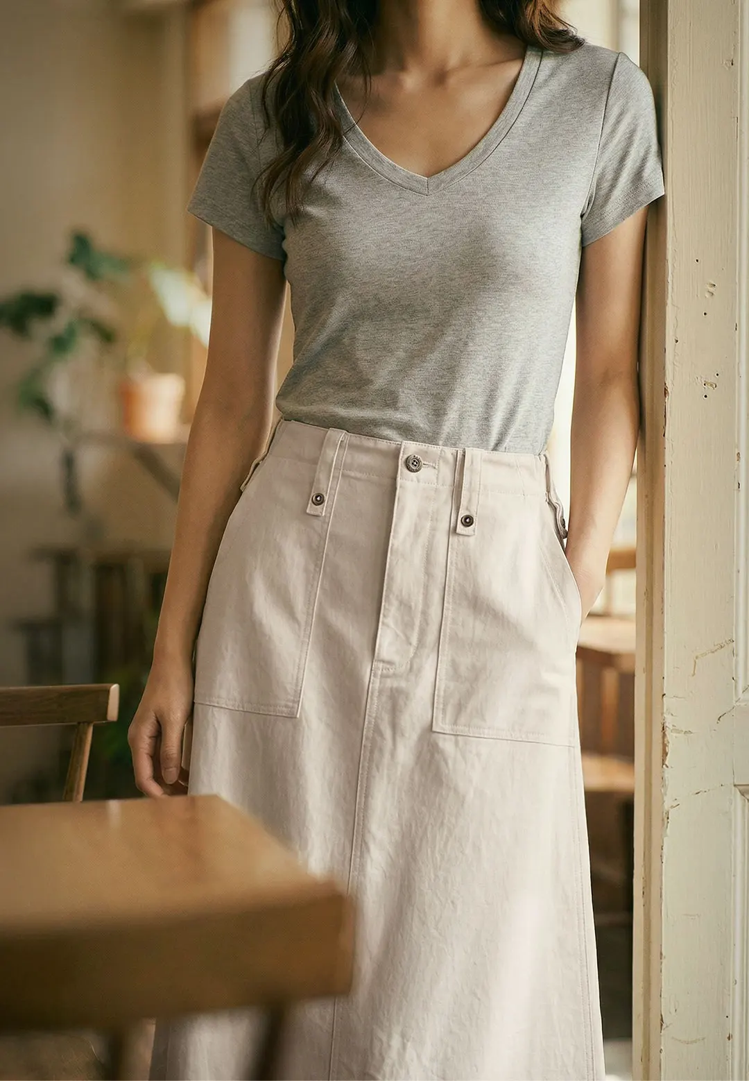 Maden Women's Cargo Skirt A Line Midi Back Slit High Waist Vintage Off White Casual Zipper Skirt for Spring Summer