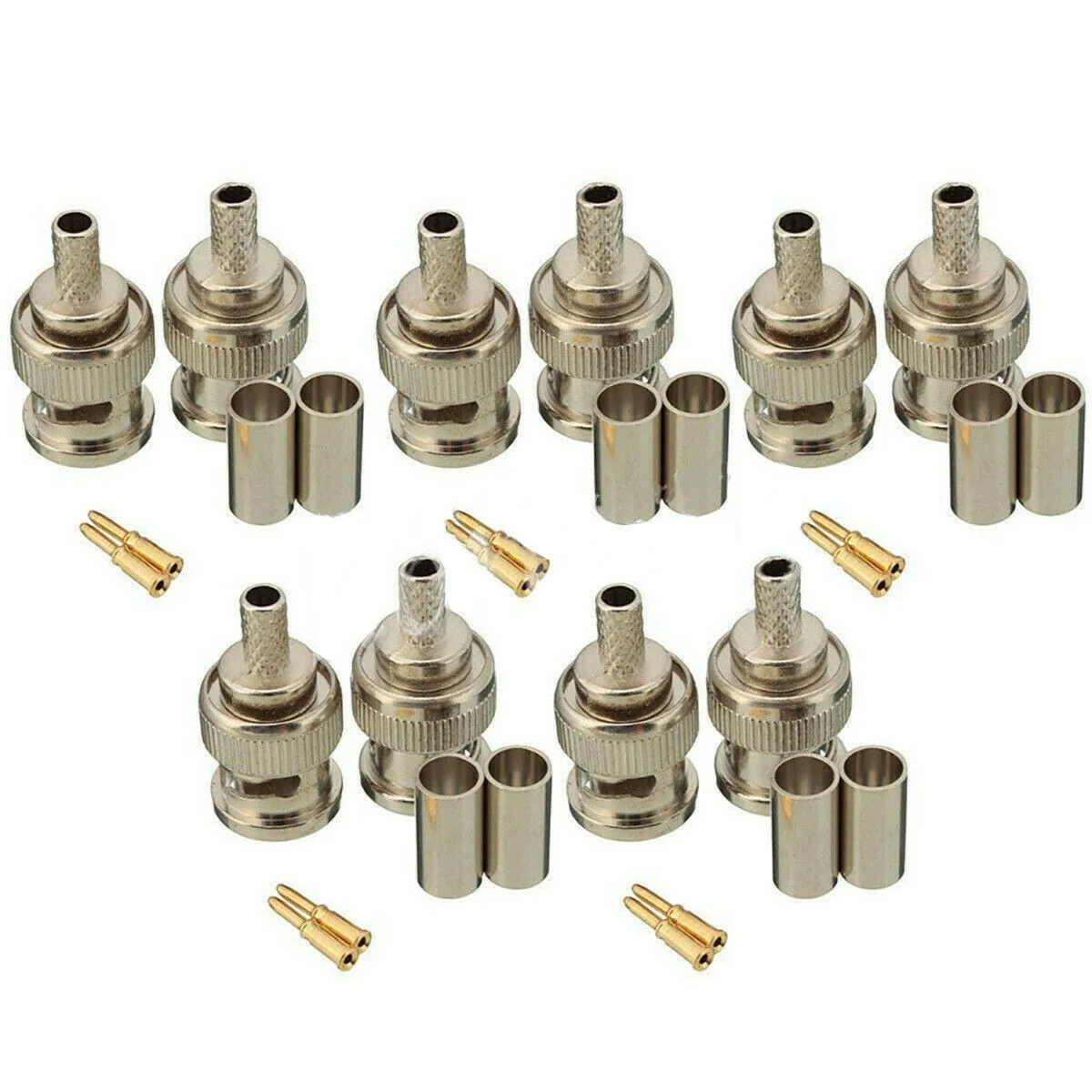 

10 Sets 3PCS BNC Male RG58 Plug Connector Crimp Connectors For RG58 RG142 LMR195 RG400 Cable Coaxial RF Brass Copper