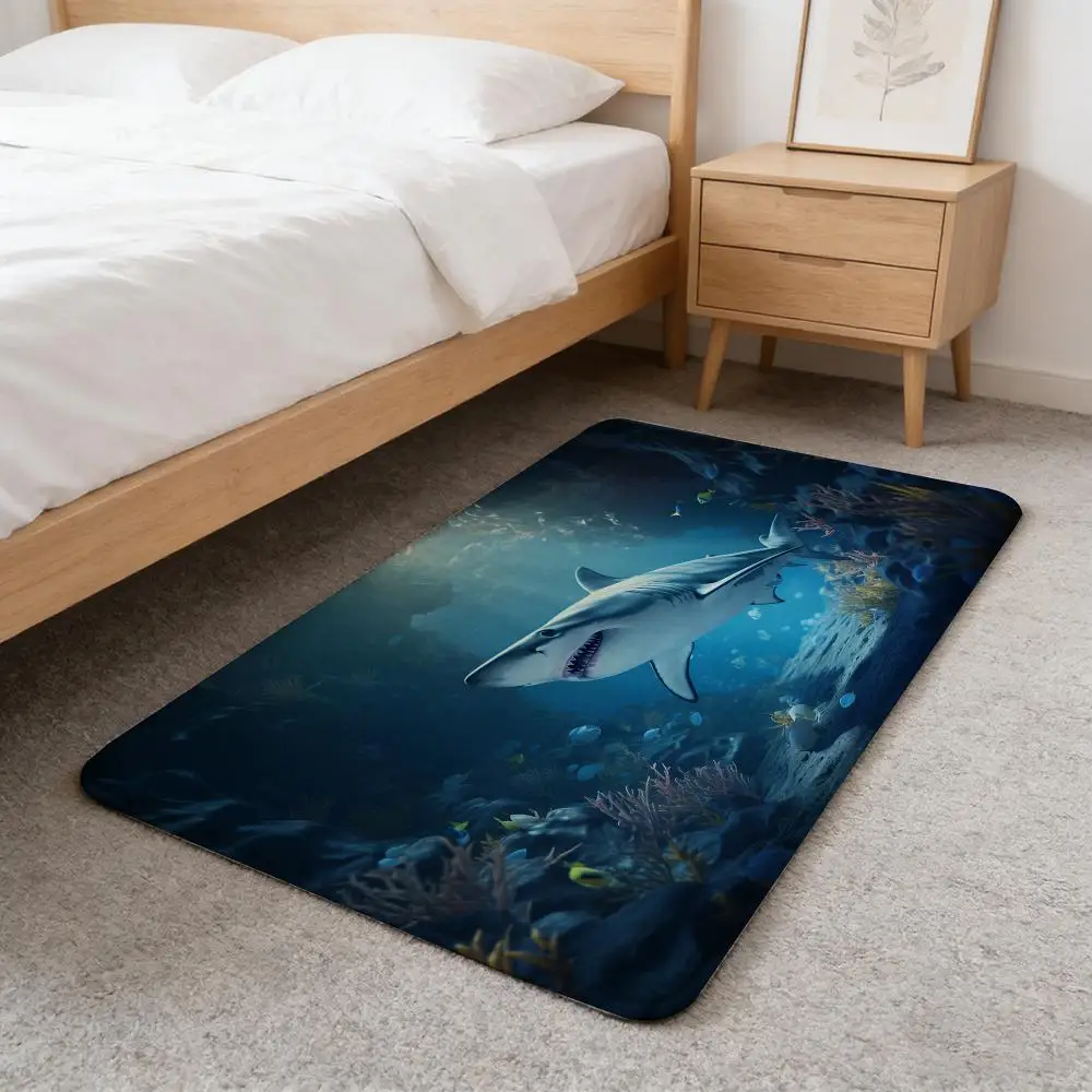 Ocean Shark Floor Mat Washable Absorbent Flannel Door Mat Non-Slip Indoor Floor Carpet
