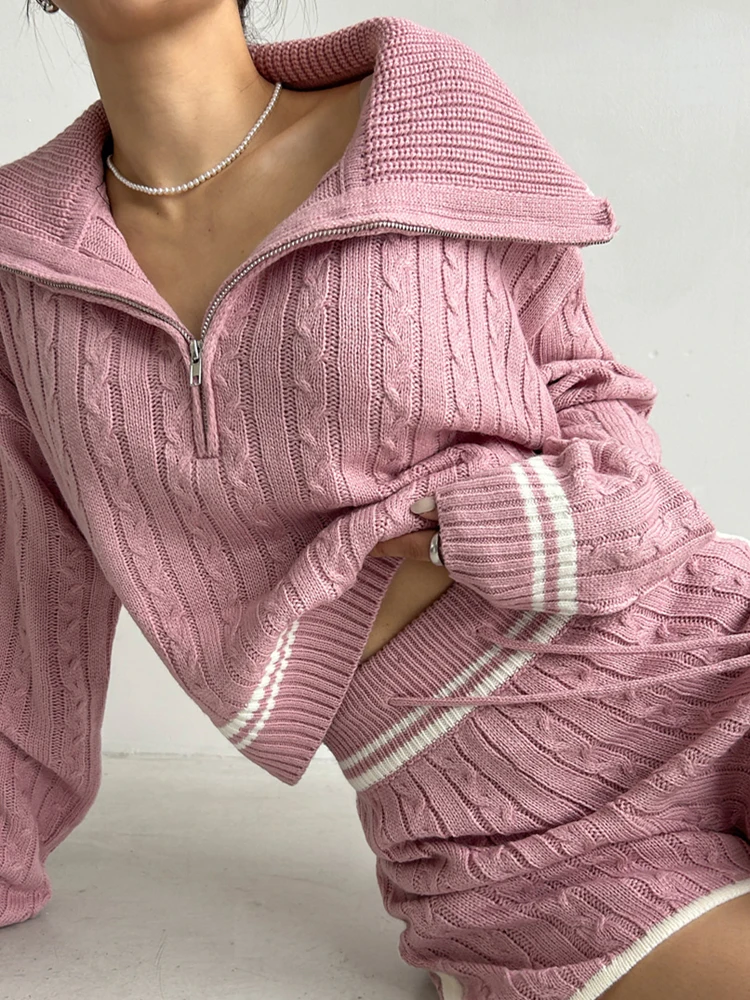 

Slim Fit Knitted Sweater Set for Women High Waist Drawstring Shorts Two Piece Set Autumn Winter Fashion Casual Style