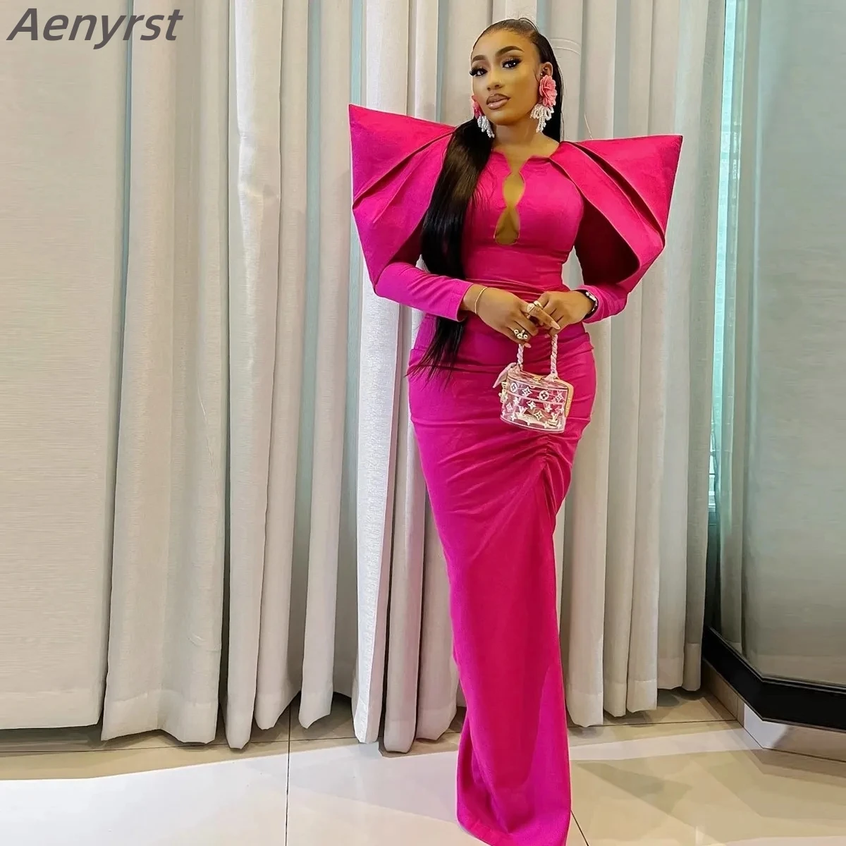 

Aenyrst Christmas Evening Dresses O Neck Long Sleeves Mermaid Prom Dress Simple Satin African Women Party Brirthday Gowns