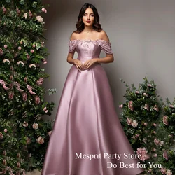 Classic Satin Prom Dress Boat Neck Off The Shoulder Beading Applique A Line Pink Party Dress for Bridesmaid Evening Gown 2024