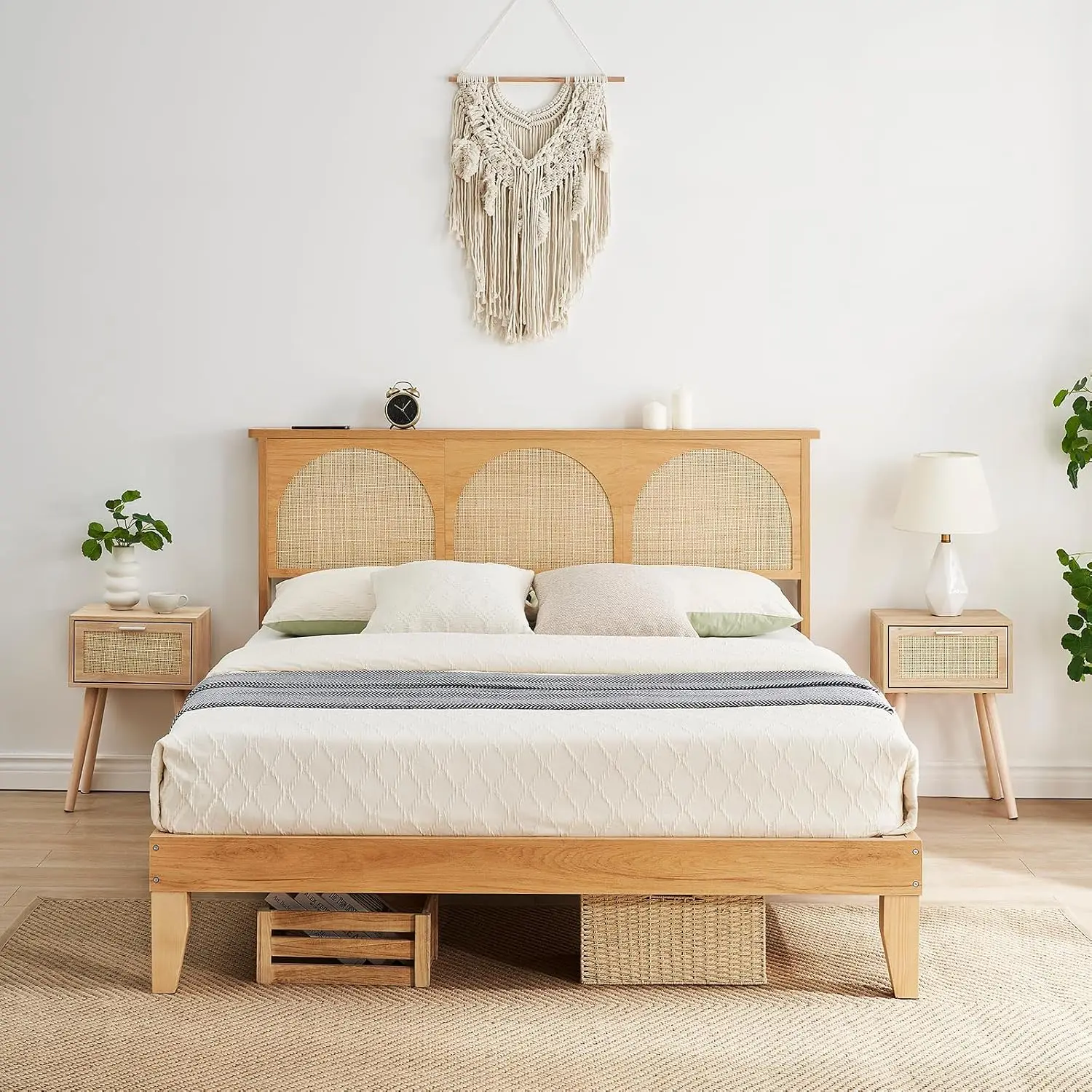 Boho Rattan Bed Frame with Storage, RGB LED Headboard, Solid Wood Platform, No Box Spring, Silent Slats, Customized