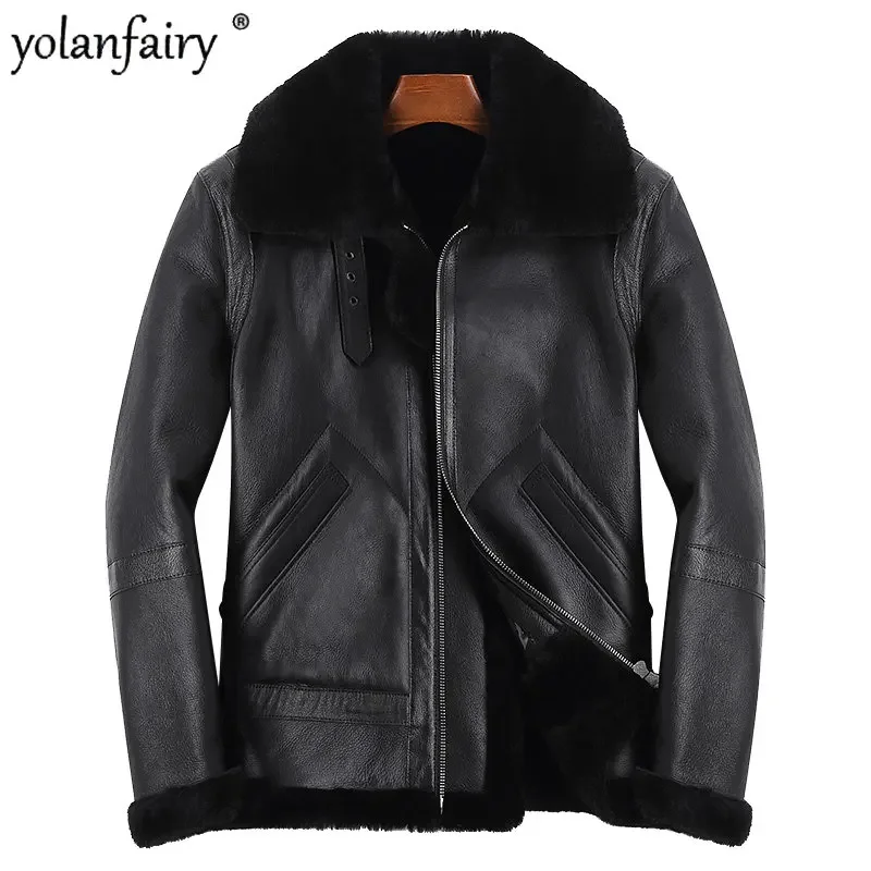 

YOLANFAIRY Winter Jackets Men Natural Fur Real Sheep Fur Coat Man Lapel Flight Suit Men’s Real Sheepskin Coats Motorcycle Jacket