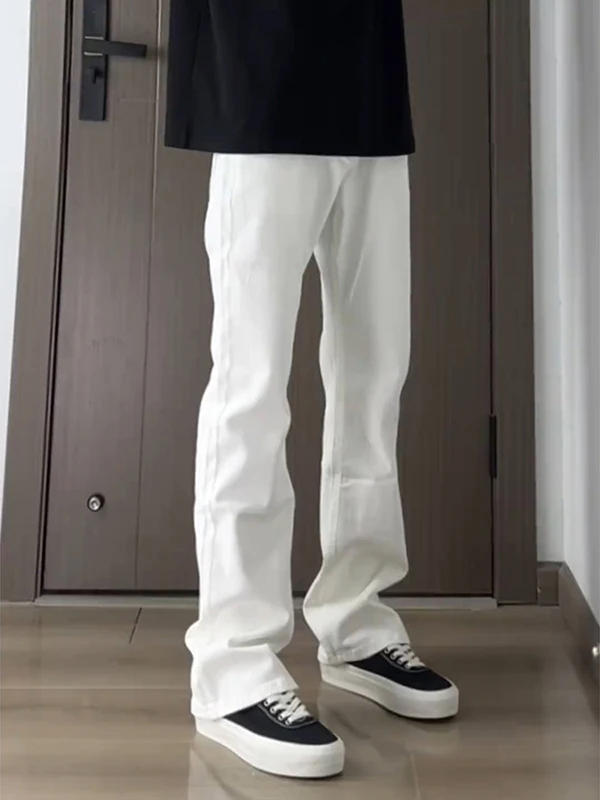 

Cleanfit White Straight Leg American High Street Slim Fit Jeans Elastic Knife Micro Flared Pants for Men Youth Faion