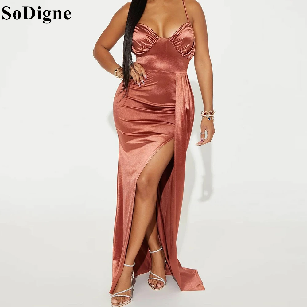 

SoDigne Sexy Satin Evening Dresses Spaghetti Straps Backless High Split Sleeveless Gala Party Dress 2024 Banquet Prom Gowns