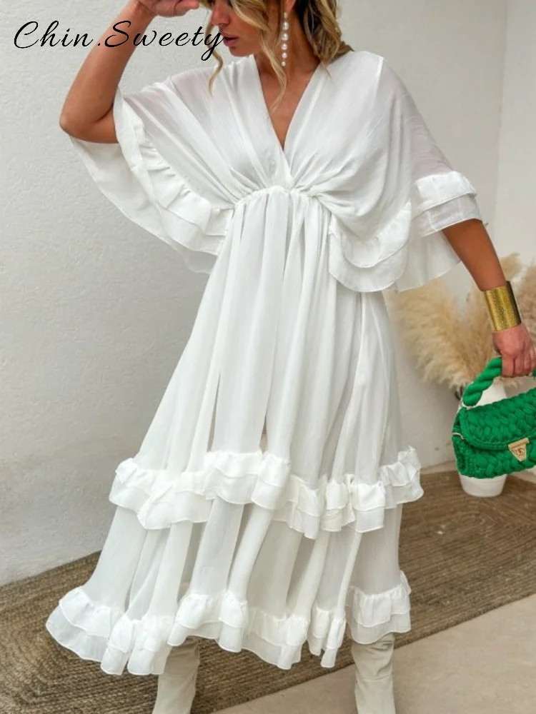 Elegant Rufflesชุดจีบยาวผู้หญิงหลวมVคอครึ่งแขนRuchedชุด 2025 ฤดูใบไม้ผลิฤดูร้อนLady Vacation Robeใหม่