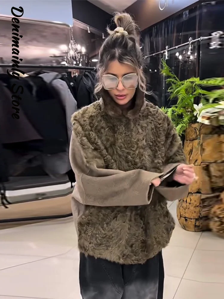 Elegant Faux Fur Twill Patchwork Knit Coat Women high Collar Zipper Full Sleeve Thick Jackets 2025 Winter Outwear 2026Spring New