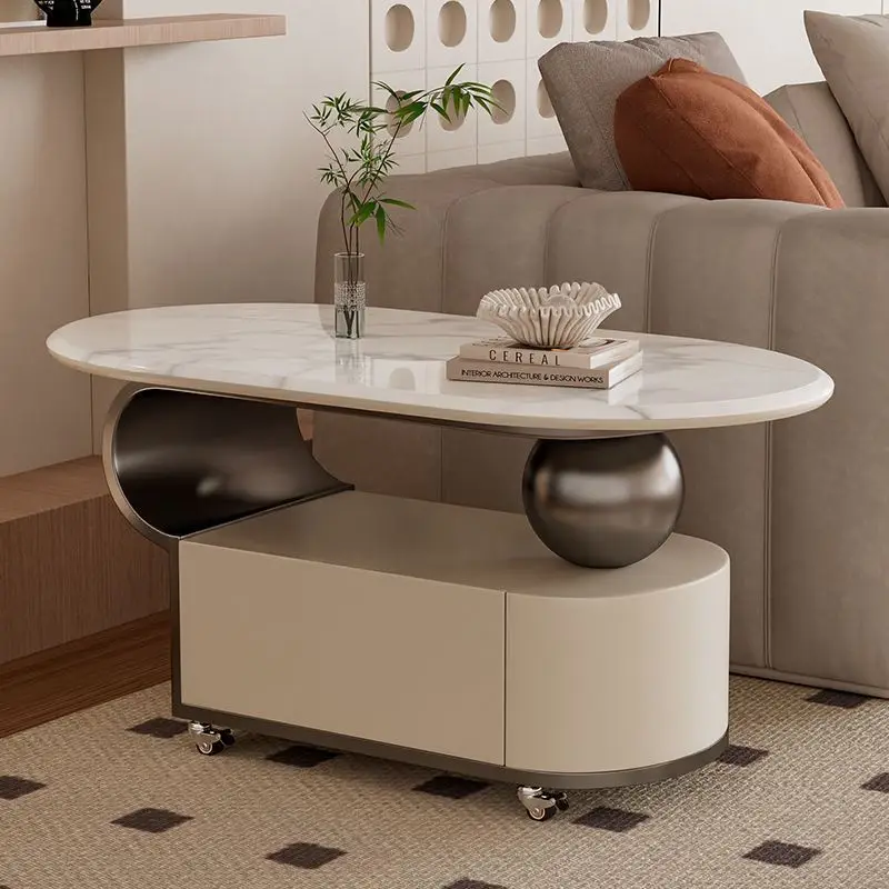 Italian light luxury simple rock slab oval coffee table living room small apartment modern home new mobile side table