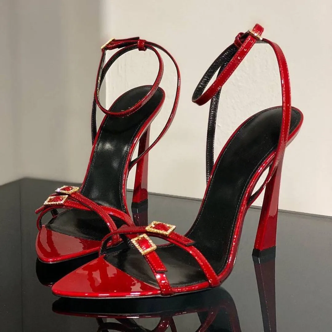 

New Sexy Strap High Heel Sandals Red High Heels with Thin Heels and Pointed Metal Buckles For Nightclubs&Bars&Parties&Banquets