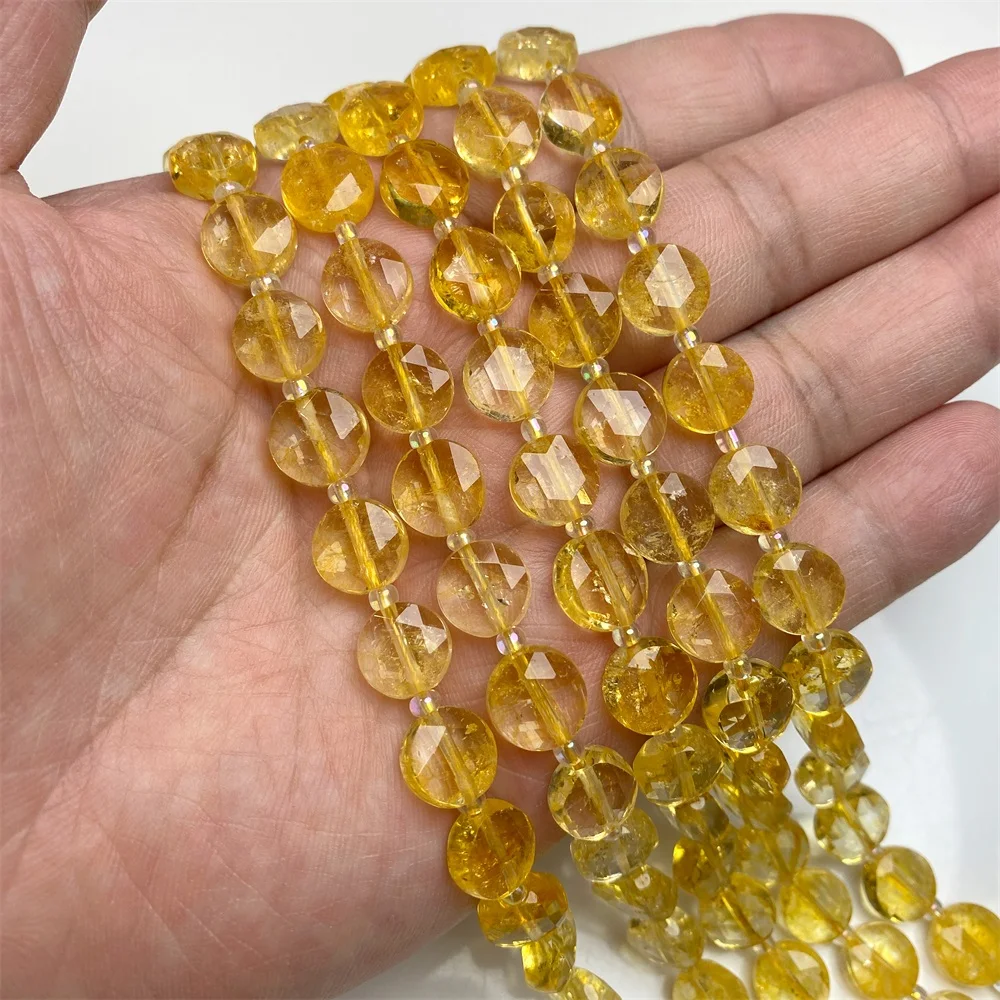 Faceted Citrine Stone Bead Natural Flat Round Yellow Quartzs Loose Spacer Coins Beads For DIY Bracelet Necklace Earrings 10MM