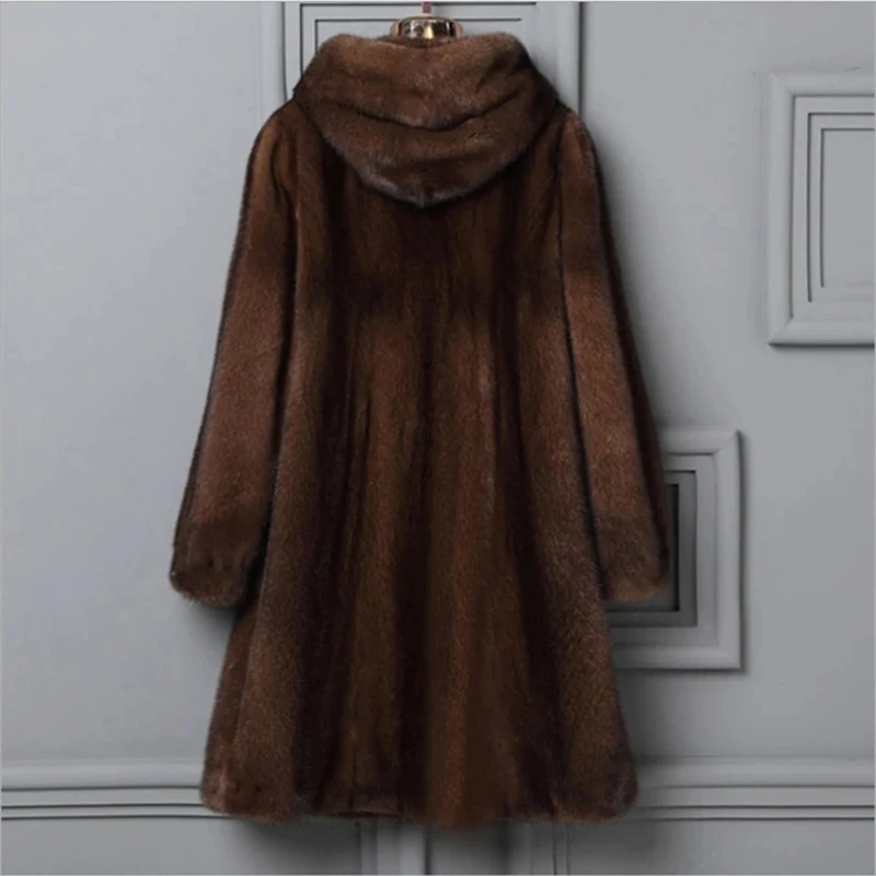 Winter Luxury Long Black Brown Faux Mink Fur Coat Women with Hooded Long Sleeve Elegant Thick Warm Fluffy Furry Jacket