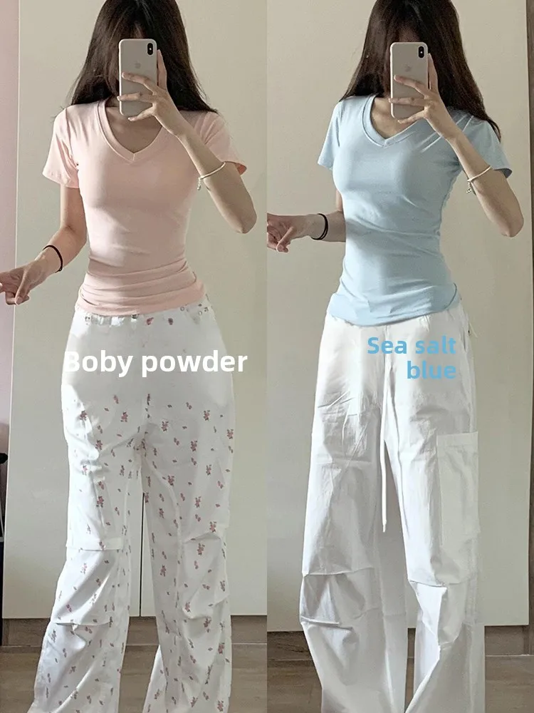 

Футболка из чистого хлопка V-Ne ort Sve, женская летняя базовая футболка с утягивающей талией, модный повседневный топ