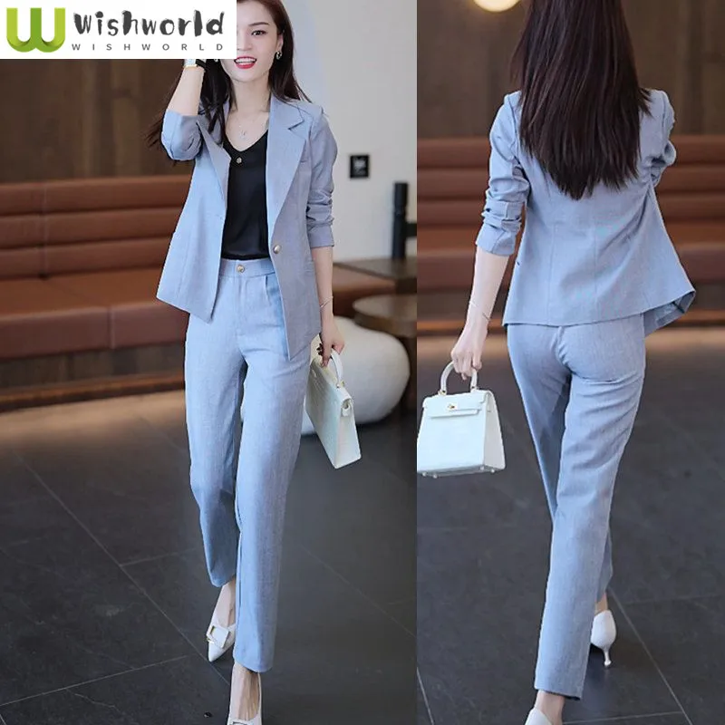 2023 Autumn New Korean Style Slim Fit Jacket Blazer Casual Pencil Pants Two Piece Elegant Women\'s Pants Set Office Outfits