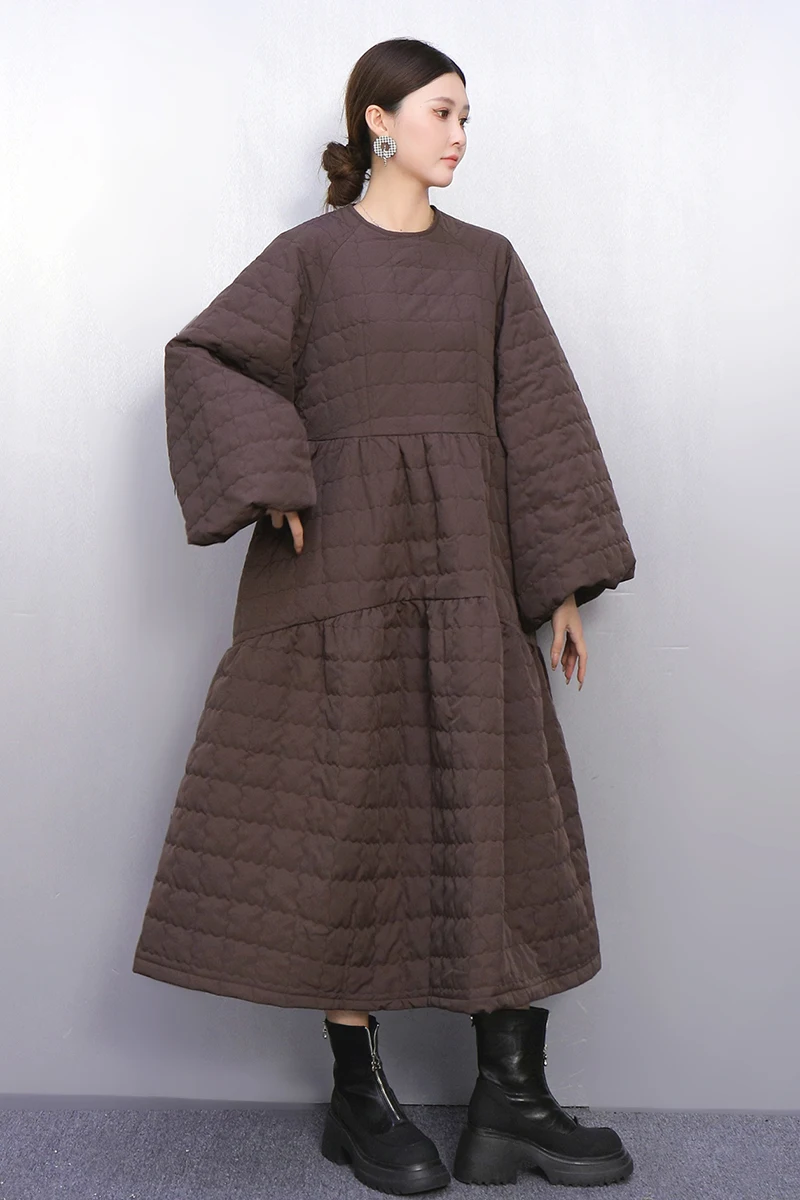 2025 Winter Elegante Frauen Casual Lose Baumwolle Jacke Lose A-linie Design Kleider Weibliche Lange Hülse Kleid Großhandel J2099