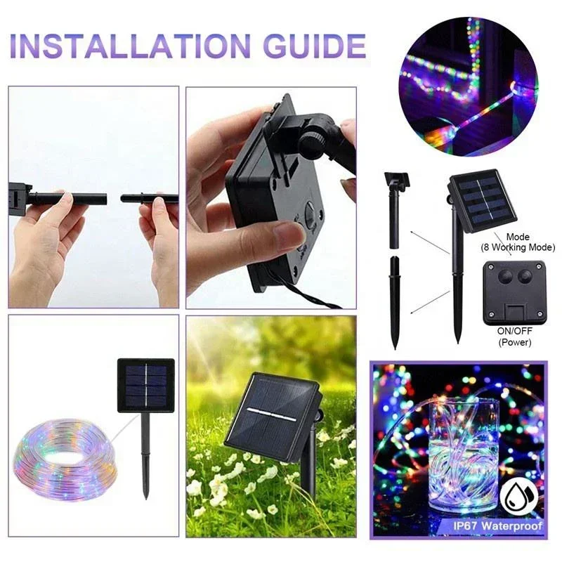 Solar Rope Lights Waterproof LED Light Rope Solar String Lights Outdoor for Patio Pool  Landscape Christmas Tree Decorations