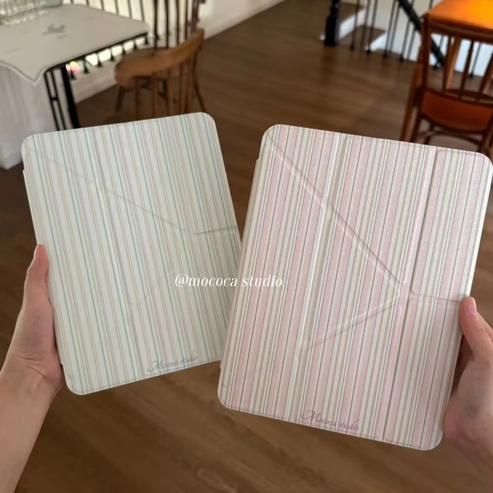 Retro Simple Pink Green Stripes Y2K Tablet Case For iPad Pro 11 12.9 13 A16 M2 M4 M3 M5 5/6/7/8/9/10/11th Mini Air 3 4 5 6 Cover
