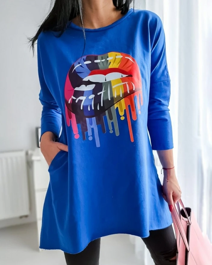 

Women's fashionable casual rainbow lip print round neck top long sleeved loose fitting pocket T-shirt 2024 autumn new item