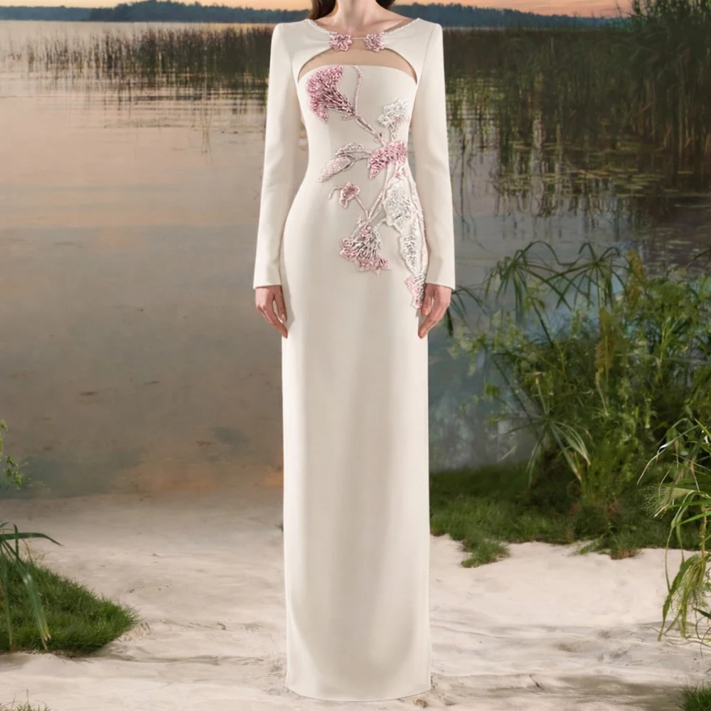 Straight Mermaid Evening Dresses Floor-length Scoop-neck Full Sleeve Prom Gown Fashion Crystal Flowers Customized Gowns