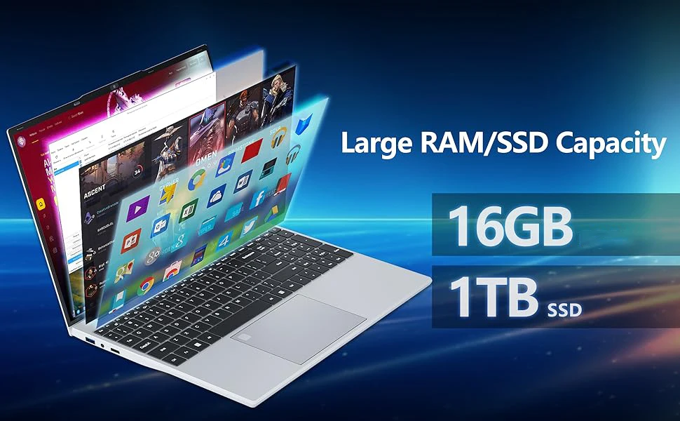Xiaman 15.6" Laptop Computer Intel Core i3 Notebook PC Fingerprint Unlock Windows 11 Pro 16GB RAM 512GB 1TB SSD HD 1080P Laptops