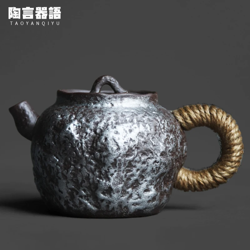 Rough pottery old rock clay stone texture handheld teapot hand-painted silver effect personalized tea tea bag brewing pot