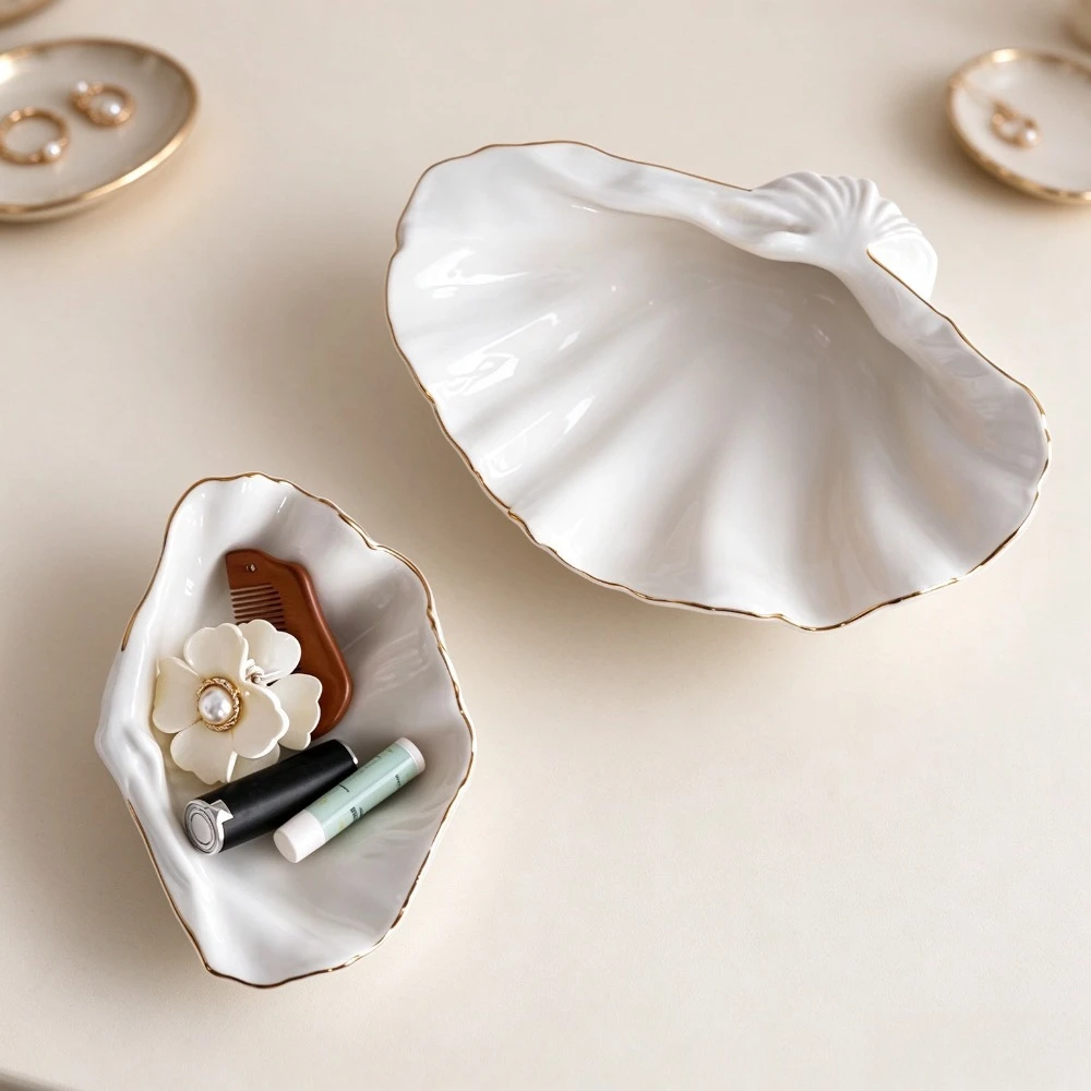Elegant Seashell Ceramic Trinket Tray with Gold Edge Wavy Shell Bowl for Jewelry Fruit Candy Vanity Tabletop Display Home Decor