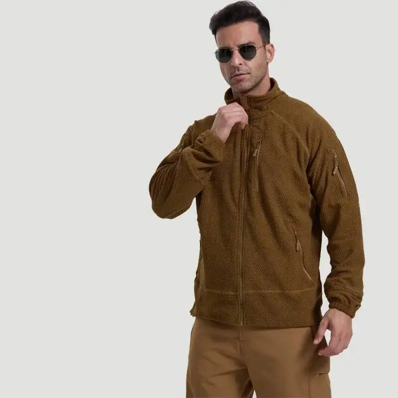 

Mens Stand Collar Plaid Fleece Tactical Jacket Autumn Winter Outdoor Climbing Hiking Sports Jackets Multi Pockets Warm Coat